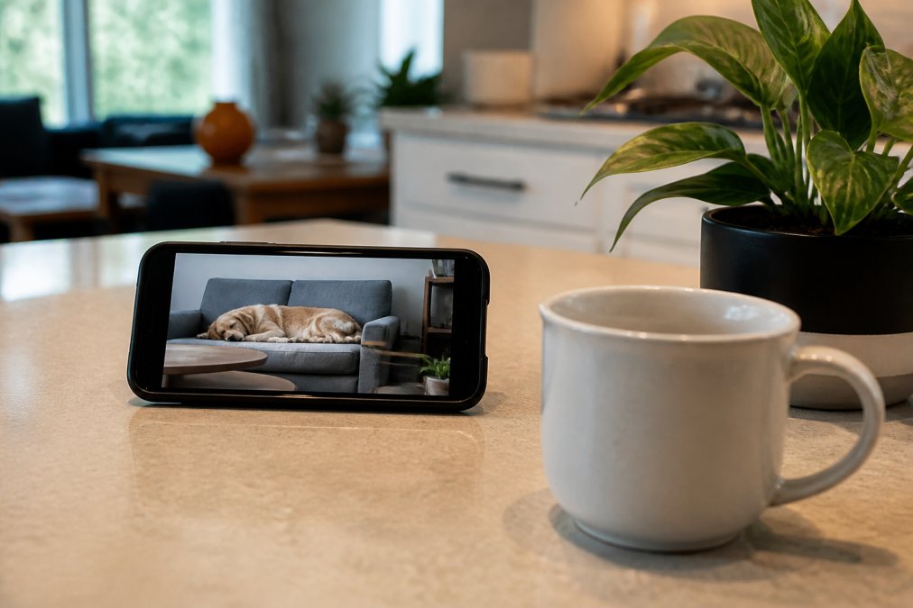 A smartphone propped on a kitchen counter displaying a live video feed of a golden retriever resting on a living room sofa, with a coffee mug and houseplant in the foreground