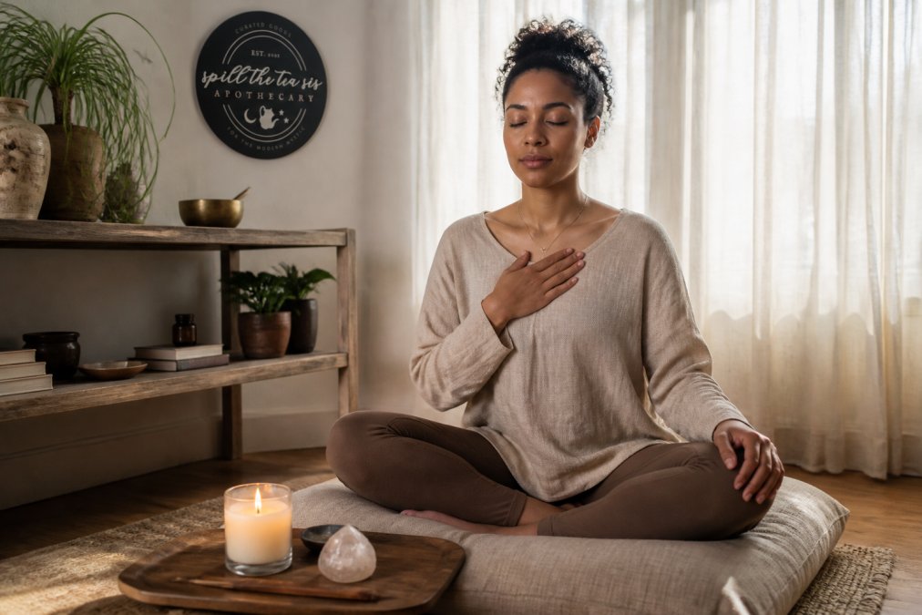 Woman sitting in quiet meditation with a candle, practicing trusting your gut in a sunlit room