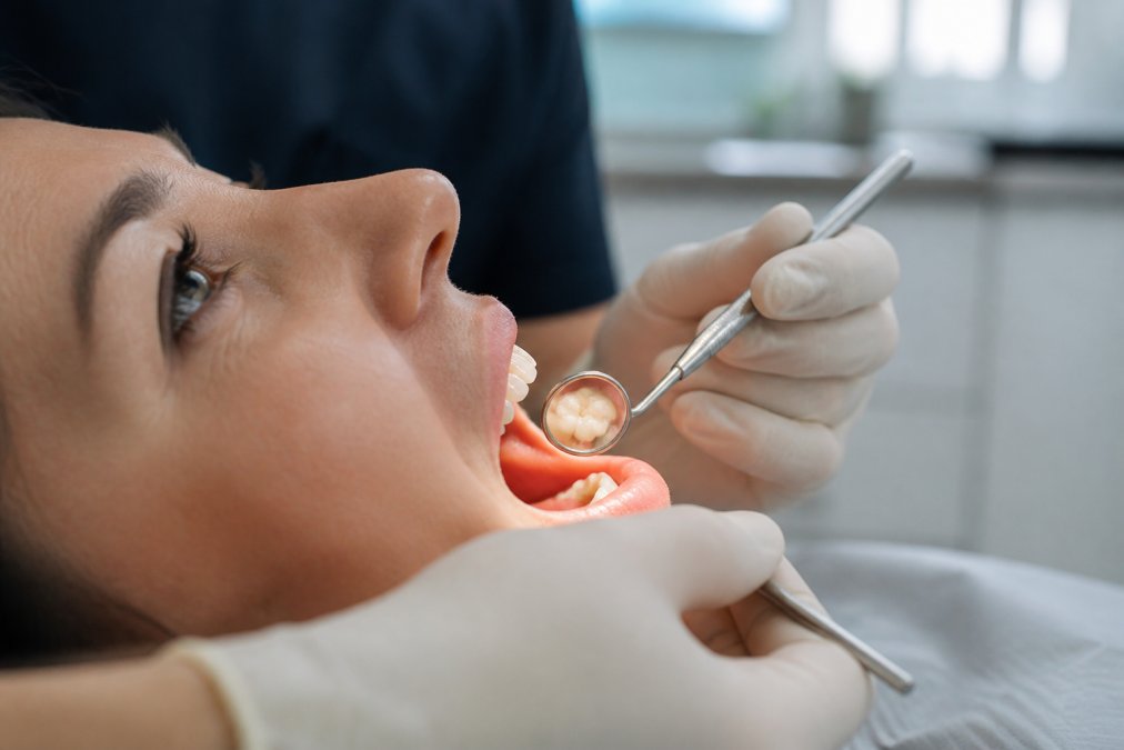 Close-up of a dentist's gloved hands holding a small dental mirror beside a patient's tooth-coloured composite filling in a bright modern treatment room