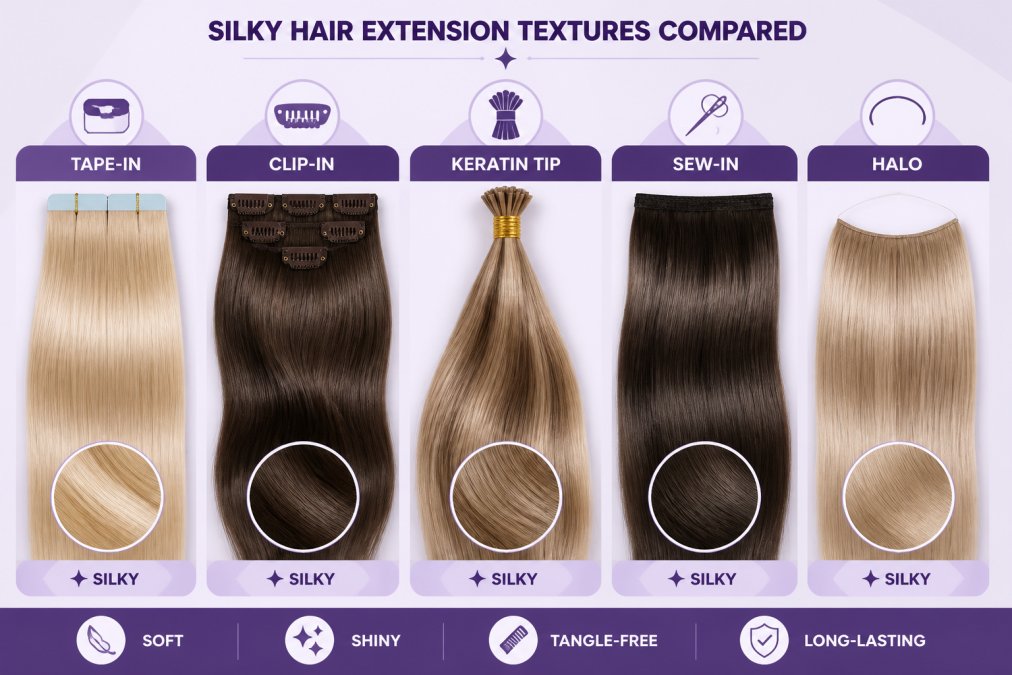 Close-up of various silky hair extension textures displayed side-by-side, showing smooth strands in multiple shades from blonde to brunette, with natural lighting highlighting the shine and tangle-free quality of premium extensions