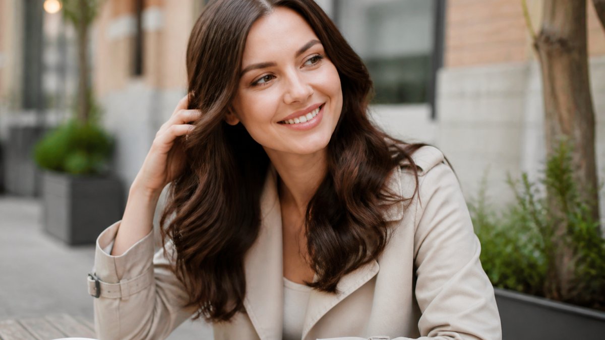Woman with alopecia wearing a natural-looking glueless wig, smiling confidently whilst going about her daily routine, the wig blending seamlessly with her skin tone and hairline in natural daylight