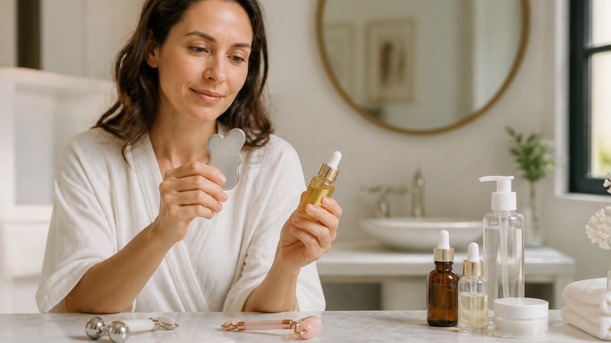 Woman holding a stainless steel gua sha tool and facial oil at a marble vanity with skincare products