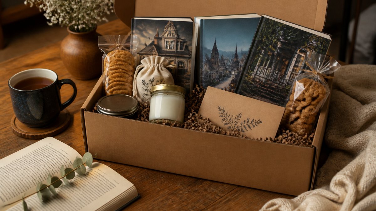 Infographic showing the contents of a cozy mystery subscription box including books, artisanal snacks, and candles.