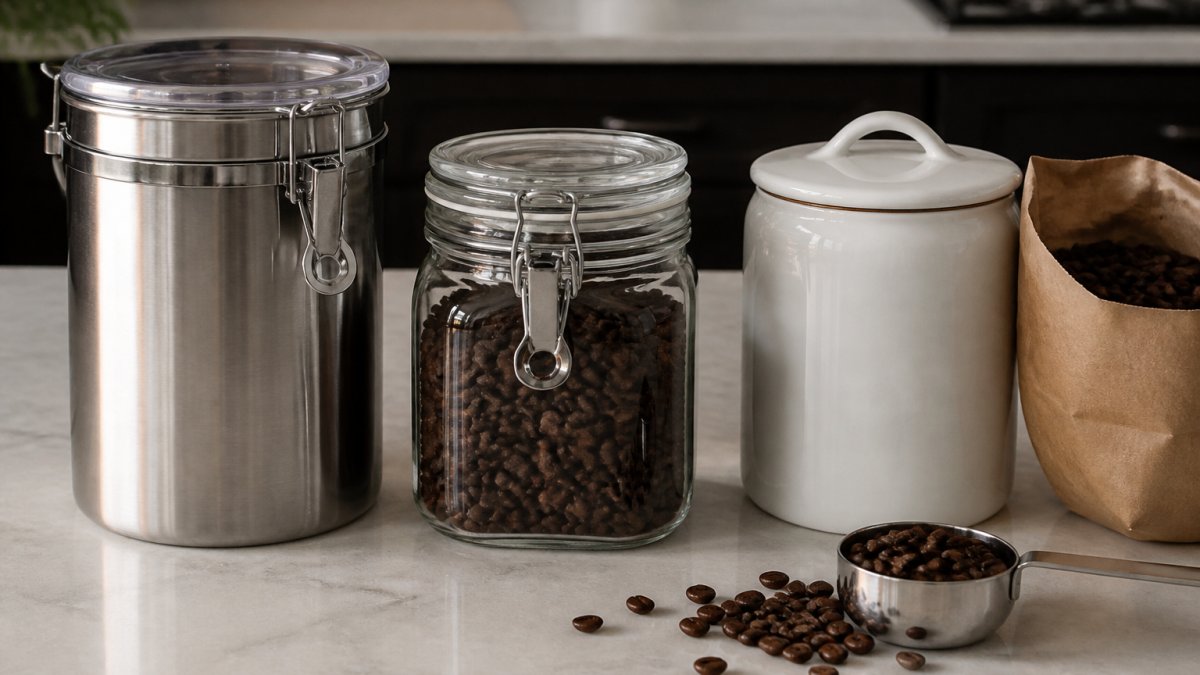Stainless steel, glass, and ceramic containers for coffee bean storage arranged on a kitchen counter with a scoop.