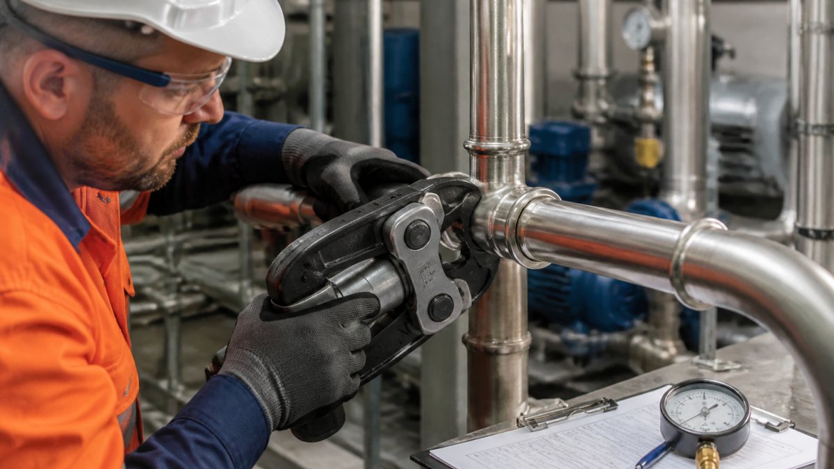 Plumber in safety gear using a press tool to join stainless steel piping in a commercial plant room