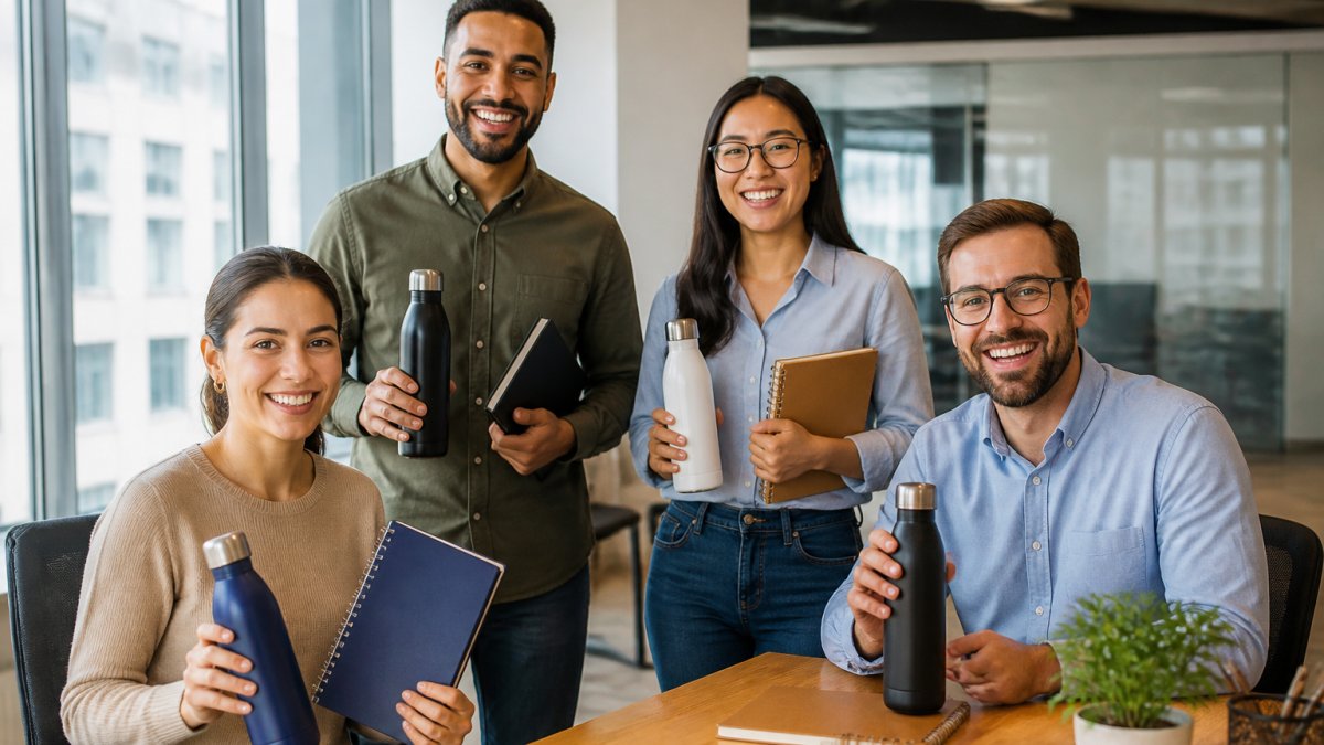 Office coworkers smiling while holding branded water bottles and notebooks as corporate gifting ideas
