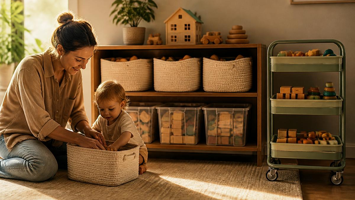 Parent and toddler organizing colorful blocks into woven baskets on a wooden nursery shelf