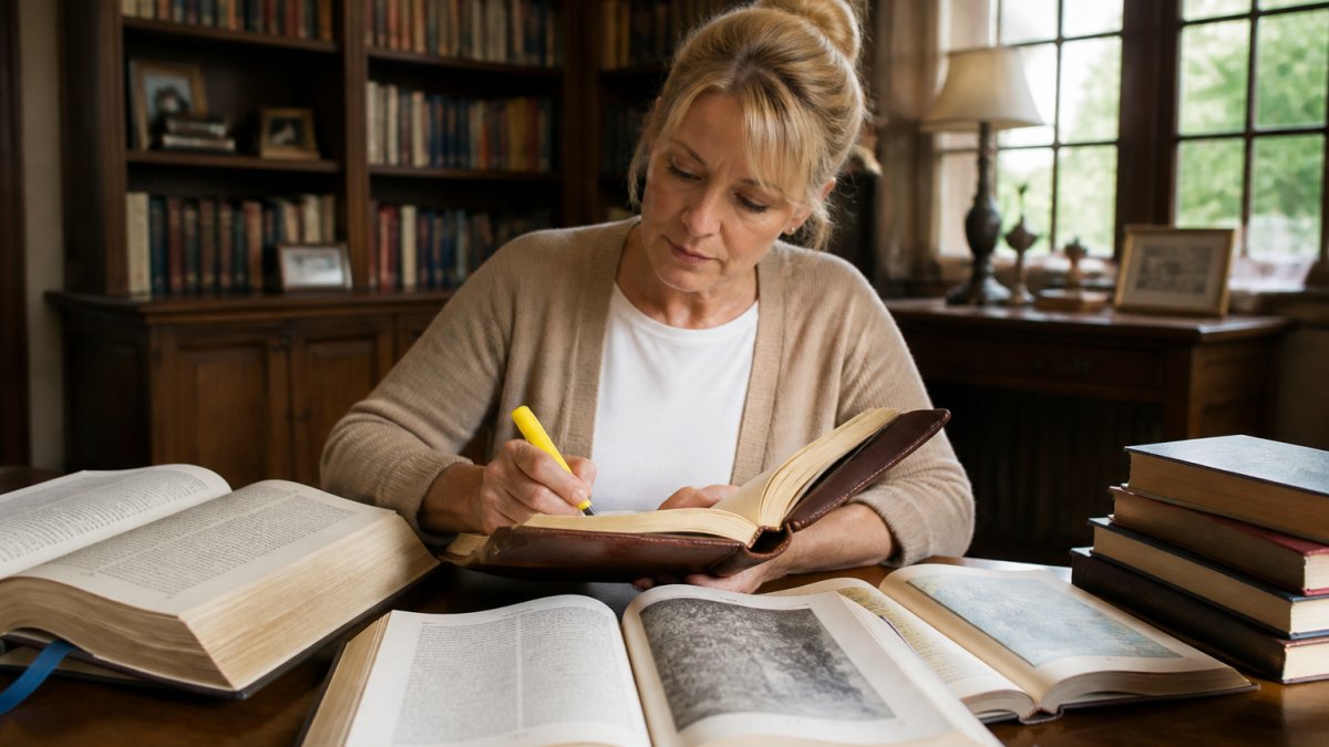 Infographic guide to the best eschatology books for beginners studying the Book of Revelation at a library table.