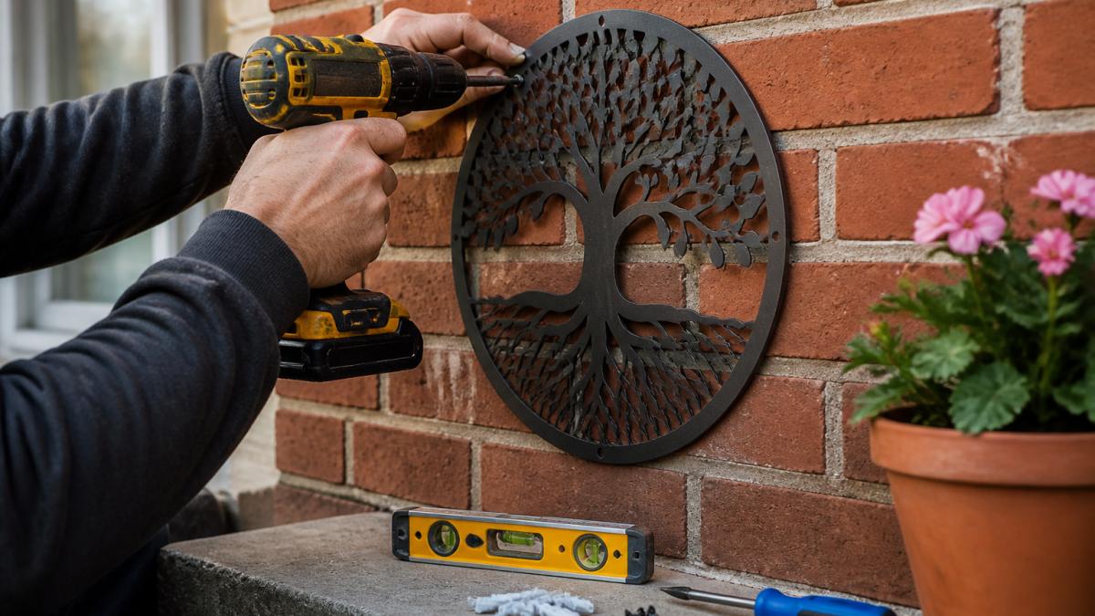 Close-up of hands using a drill to mount a decorative aluminum garden sign onto a red brick exterior wall, with a level and screws visible nearby