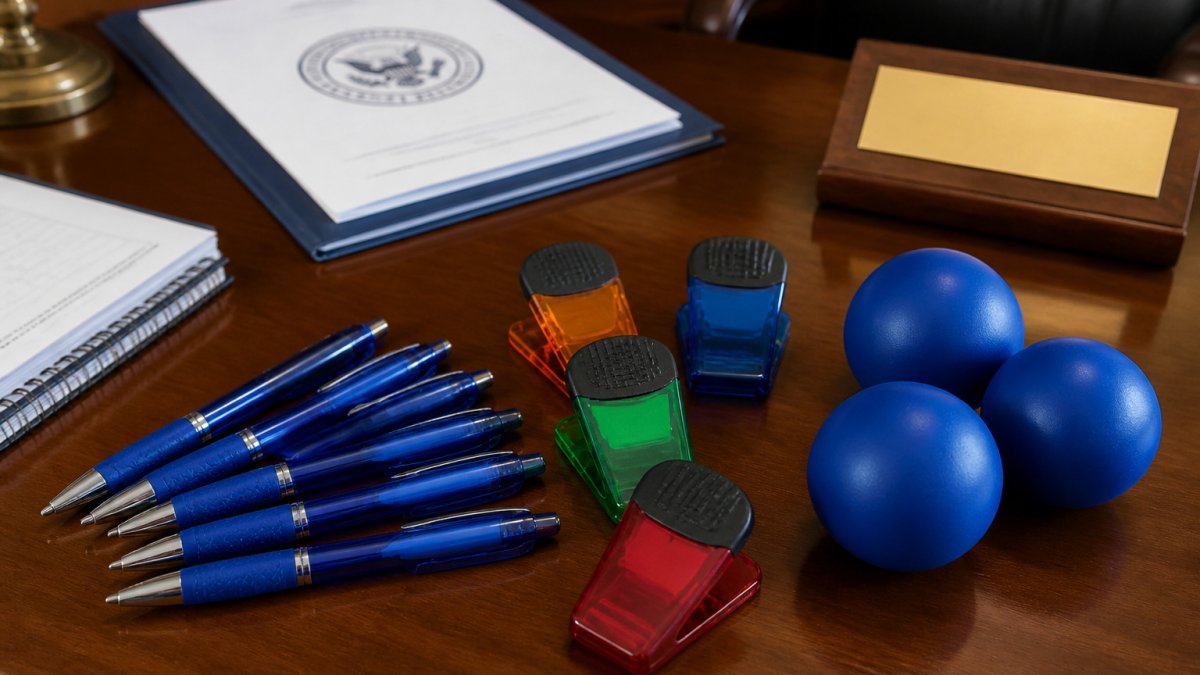 Blue pens, magnetic clips, and stress balls on a desk with official government documents and a nameplate