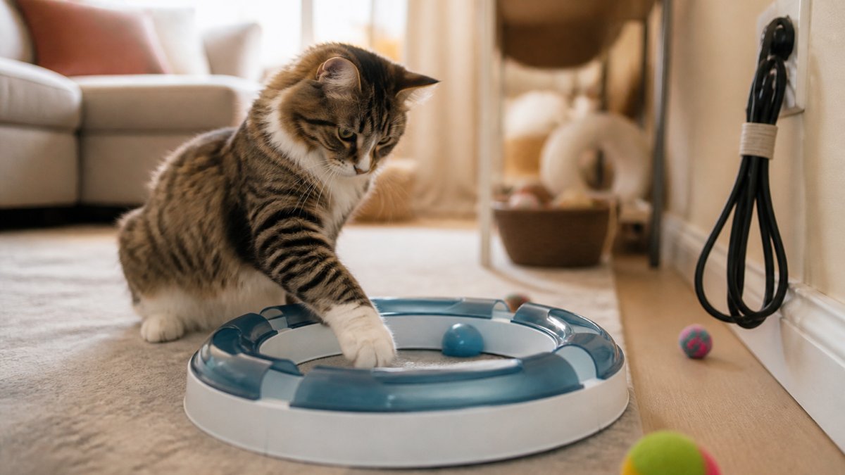 Cat batting at a secure ball-and-track toy on a living room floor