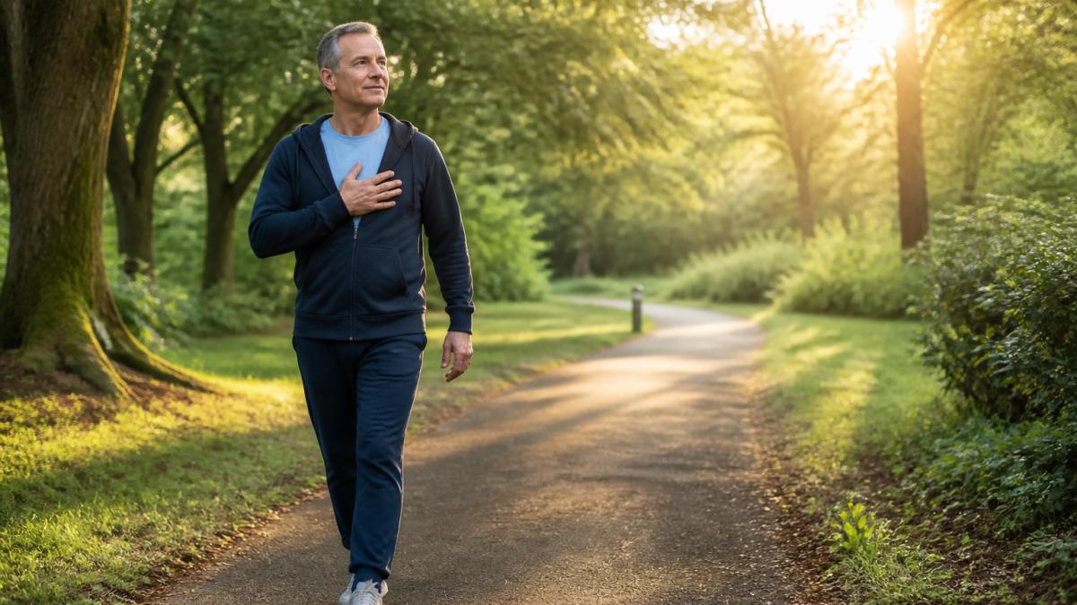 Middle-aged man walking along a quiet, tree-lined path with his hand resting gently on his chest