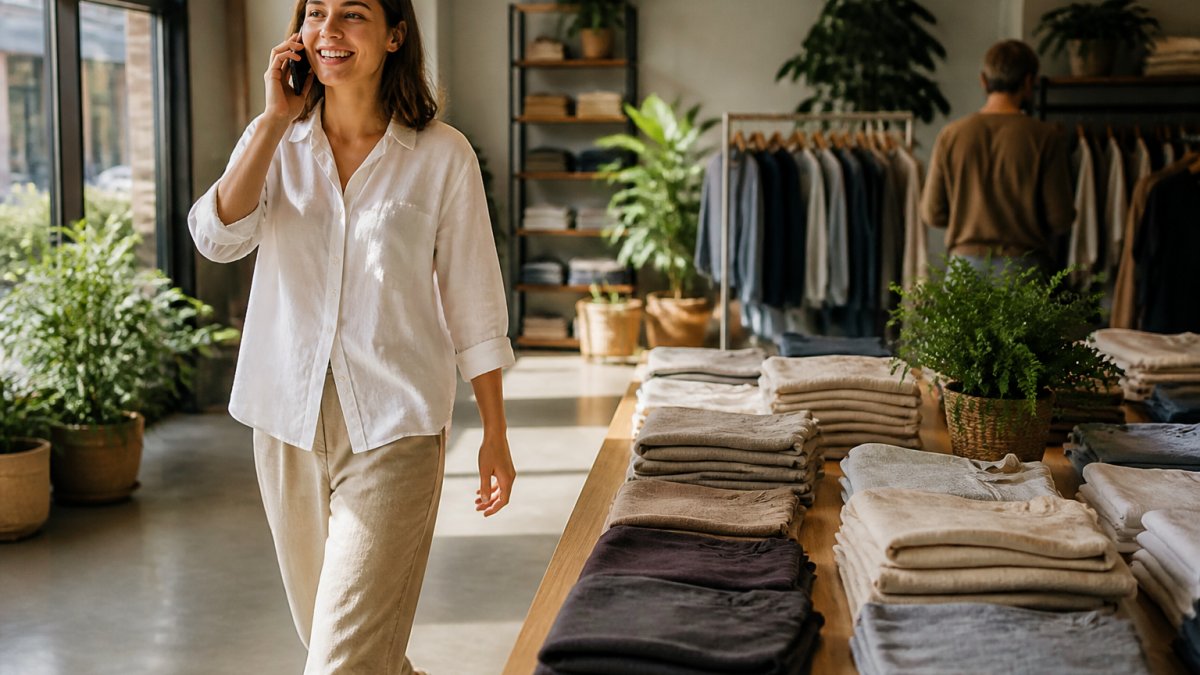 A flat lay on a light wood surface showing folded stacks of cotton, linen, merino wool and silk garments in soft neutral tones, with a hand touching the linen fabric