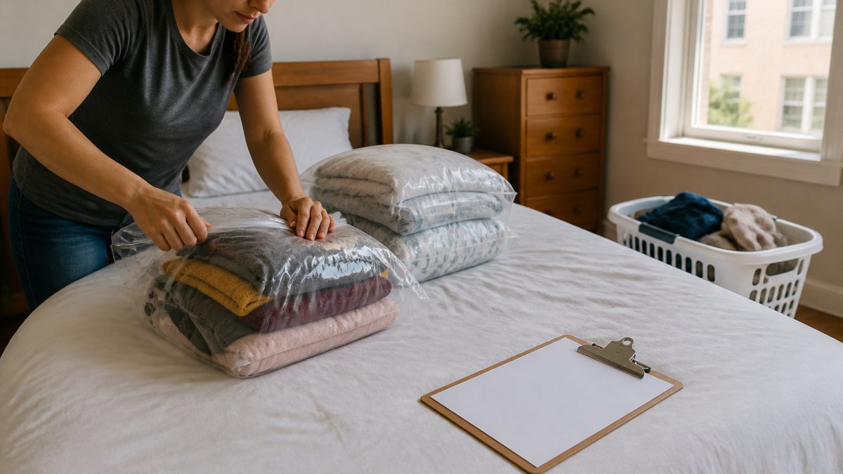 A renter in a small apartment sealing folded clothing and bedding into clear plastic bags on a bed, laundry basket nearby, a paper checklist on a clipboard resting on the mattress, afternoon light through a window