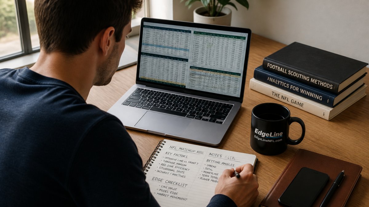 Sports bettor analyzing game data on a laptop to find the best NFL bets
