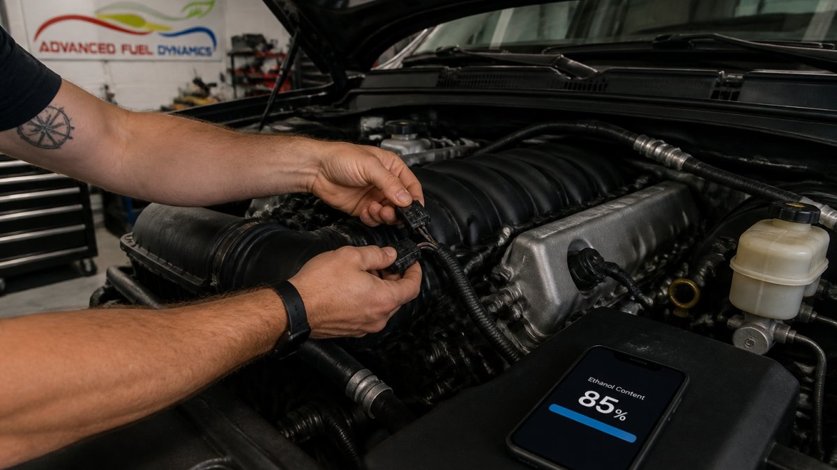 A mechanic's hands plugging a ProFlex Commander harness into a V8 engine bay in a home garage, with a smartphone showing ethanol content on the fender