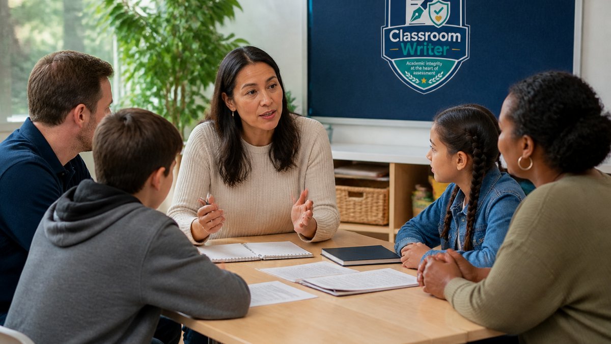 Infographic showing best practices for ai data privacy in schools during a collaborative classroom discussion.