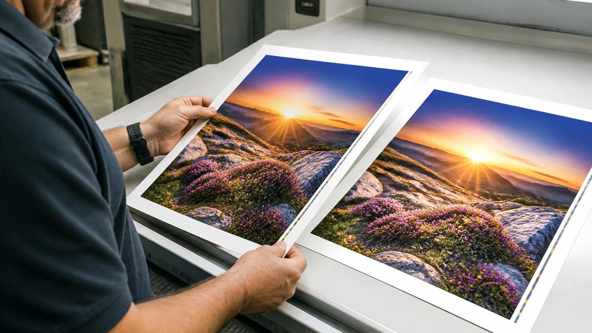 A print production manager in a commercial print shop holding a color proof sheet next to a finished printed piece under bright inspection lighting, comparing them side by side
