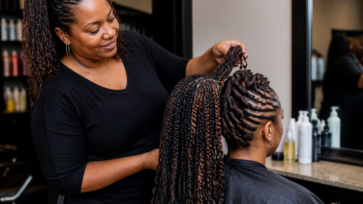 Professional braider demonstrating multiple protective styles on natural hair client, showing box braids, twists, and cornrows in detail under soft salon lighting