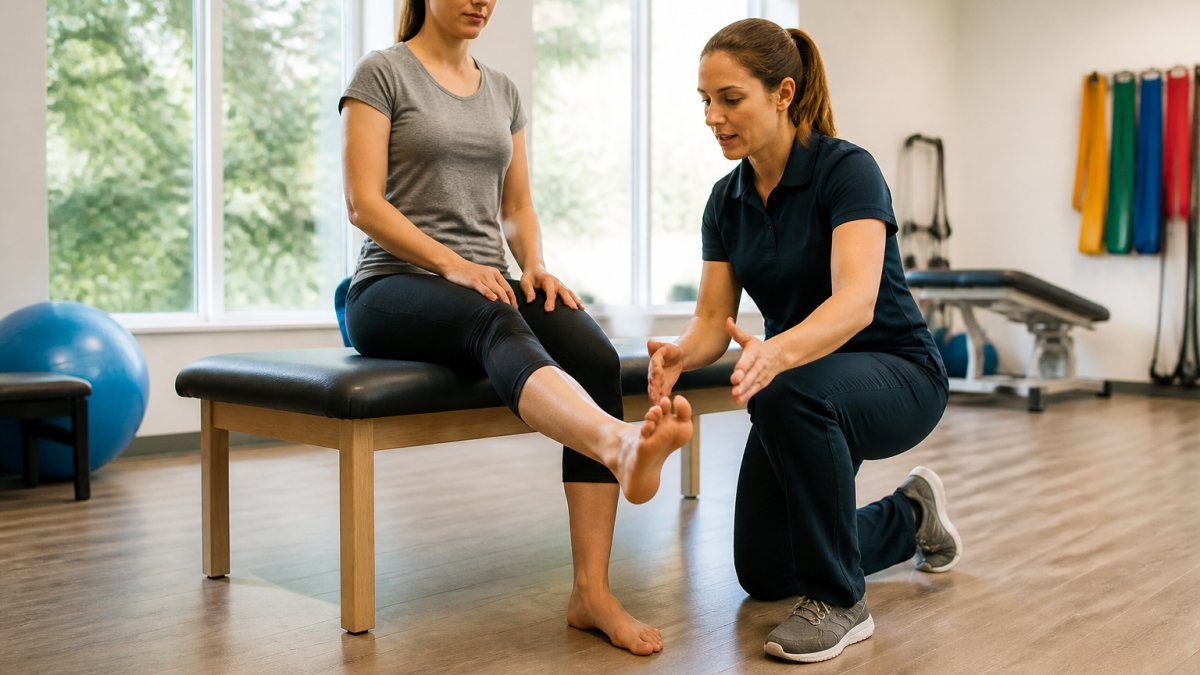 A physical therapist guiding a seated patient through a gentle ankle pump exercise in a bright, clean clinic room, both focused on proper form, soft natural light from a window