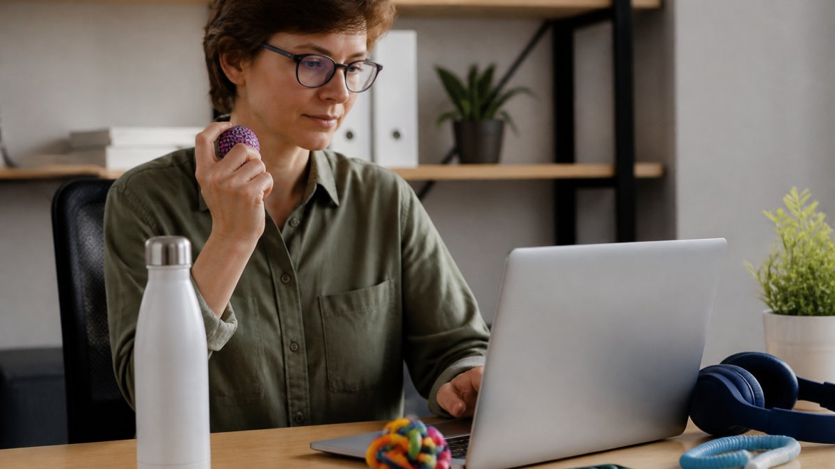 Person working at a tidy office desk while holding a small textured fidget tool to stay calm