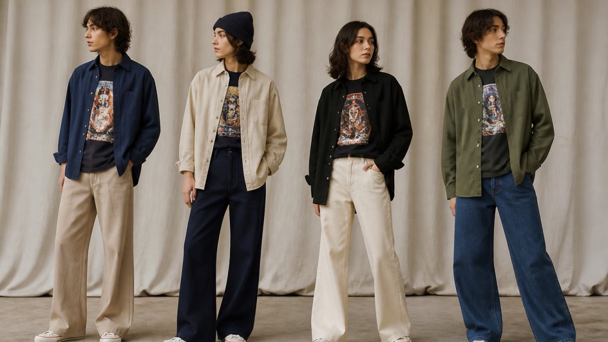 Infographic showing step-by-step styling tips for layering retro graphic tees with oversized shirts and flared pants.