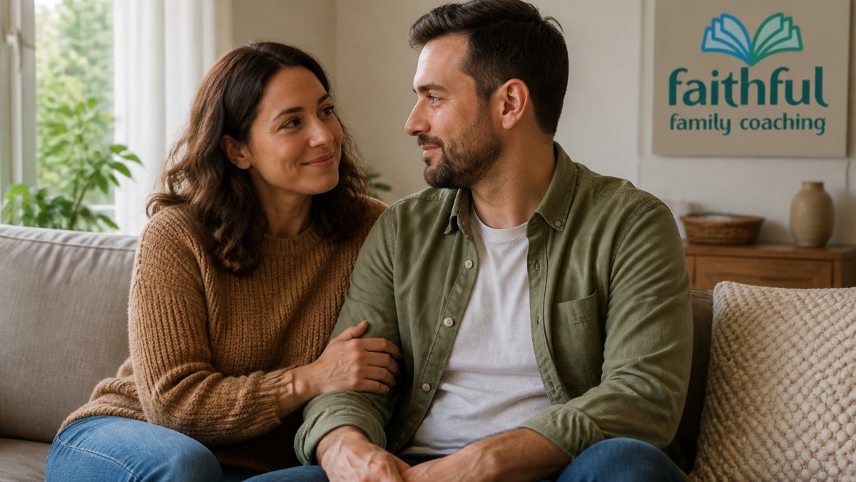 A couple sitting close on a couch as one of the best ways to show affection to your spouse through gentle touch.