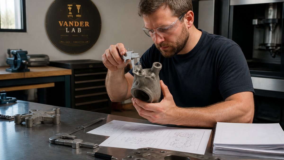 Professional inspecting a precision 3D-printed metal part on a workbench with measurement tools, calipers, and technical documentation under bright workshop lighting