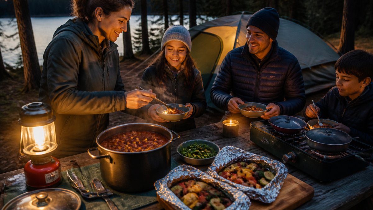 Infographic showing a 12-step process for preparing easy vegetarian camping dinners at a campsite.