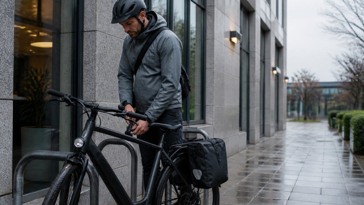Cyclist in waterproof gear unlocking a commuter bike outside an office building on a grey morning.
