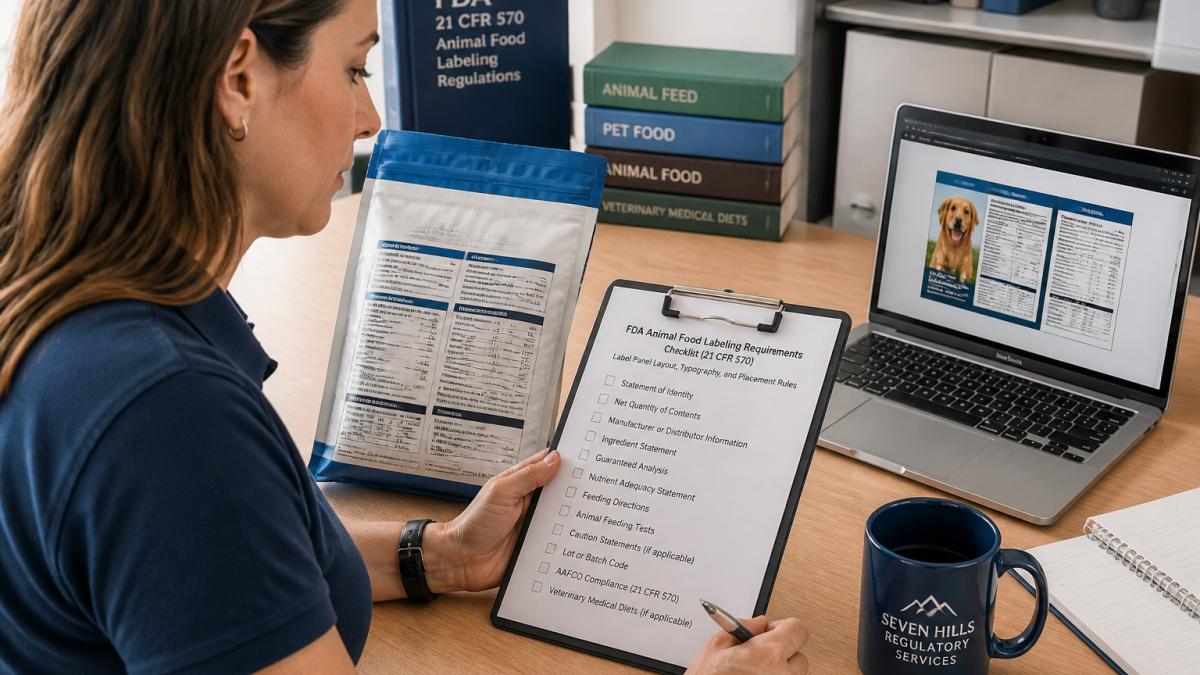 Regulatory specialist verifying animal food labeling compliance against a checklist and digital template