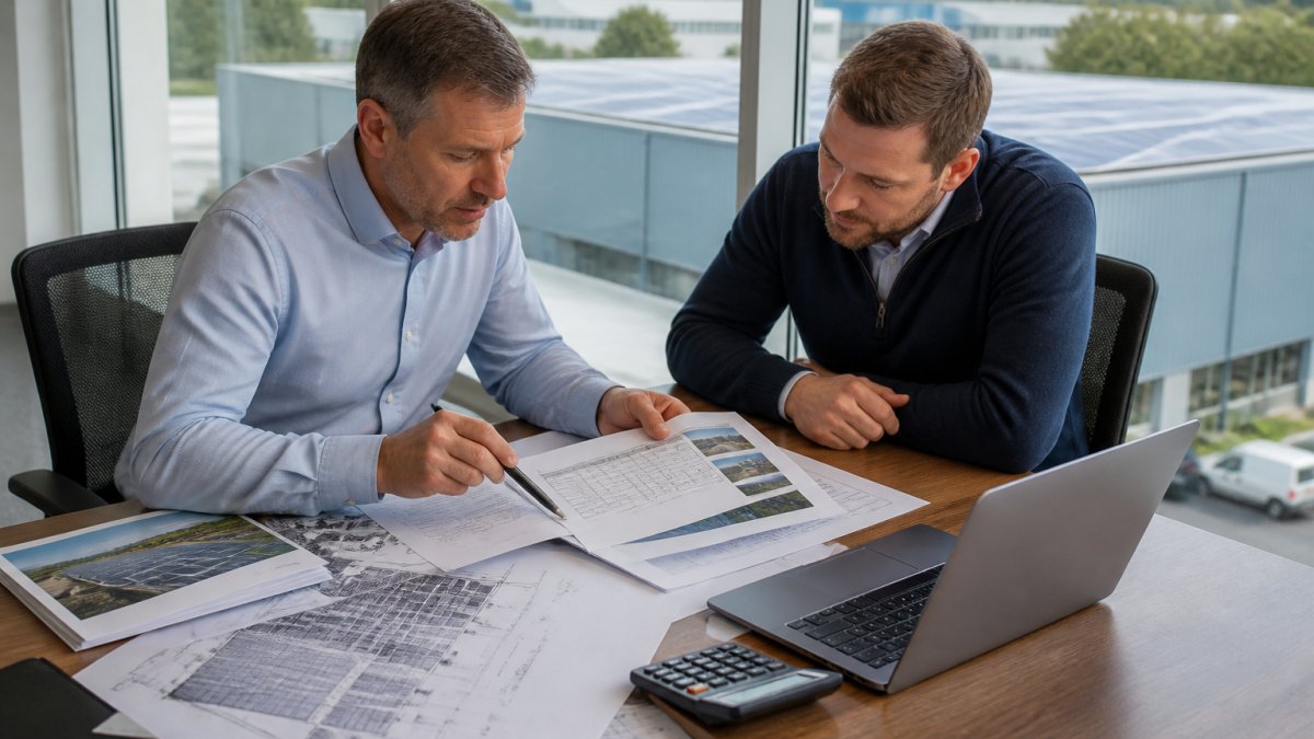 A business owner and an energy consultant reviewing a printed payback model and site plan on a desk in a bright office, with a laptop showing a spreadsheet and a calculator nearby