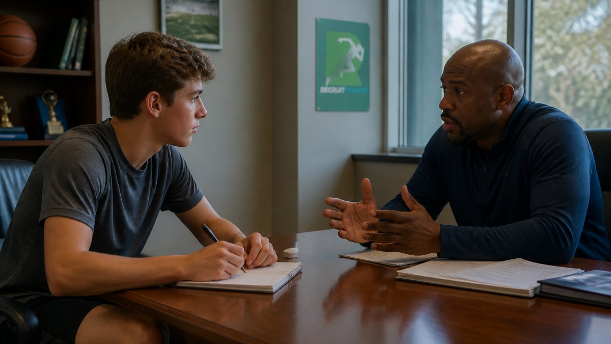 High school student-athlete sitting across from college coach during recruiting conversation, athlete taking notes and looking engaged, modern college office setting with natural light