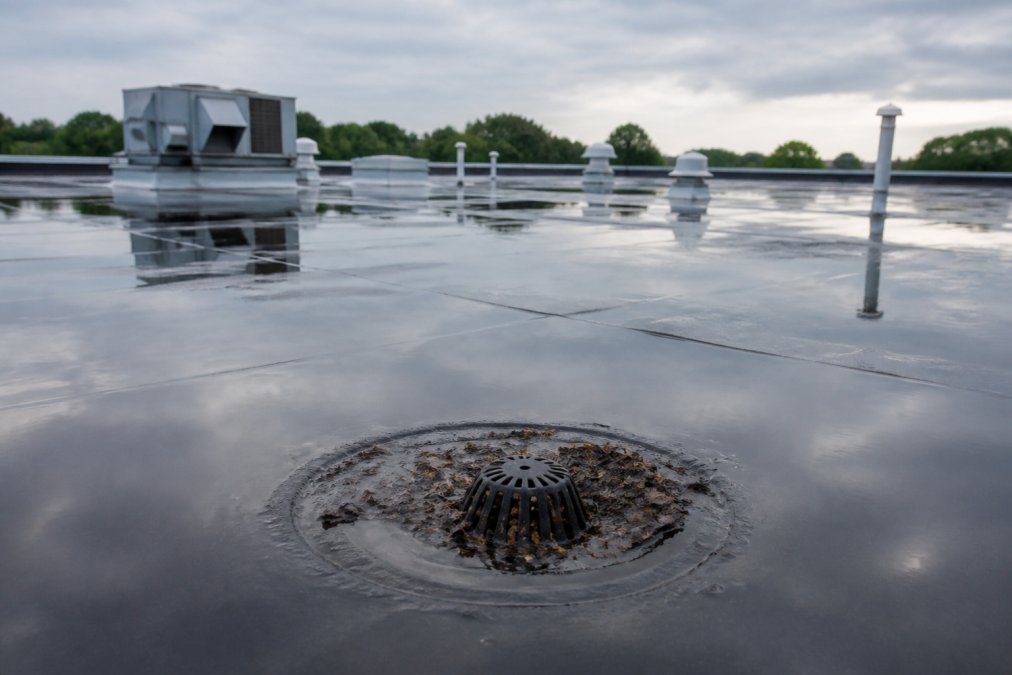 A commercial flat roof with visible ponding water reflecting an overcast sky, a clogged drain ringed with leaves and grit, and membrane seams rippling under the weight of standing water