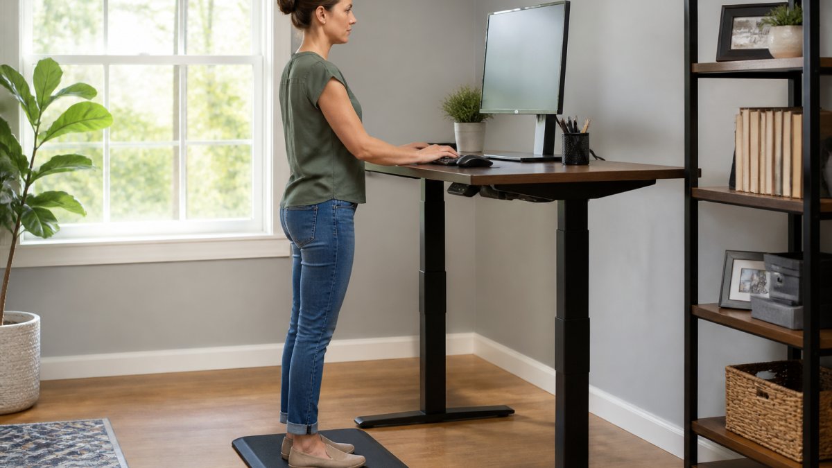 A person adjusting a sit-stand desk to elbow height in a bright home office, with a monitor at eye level and feet resting on an anti-fatigue mat