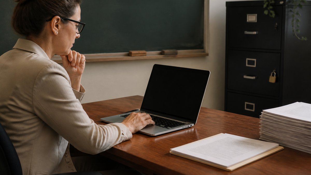 Teacher reviewing student data on a laptop near a privacy policy to understand what are the risks of AI assessment tools
