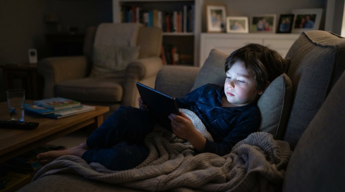 A young child lying on a couch staring at a tablet in dim evening light, blanket nearby, screen glow on their face