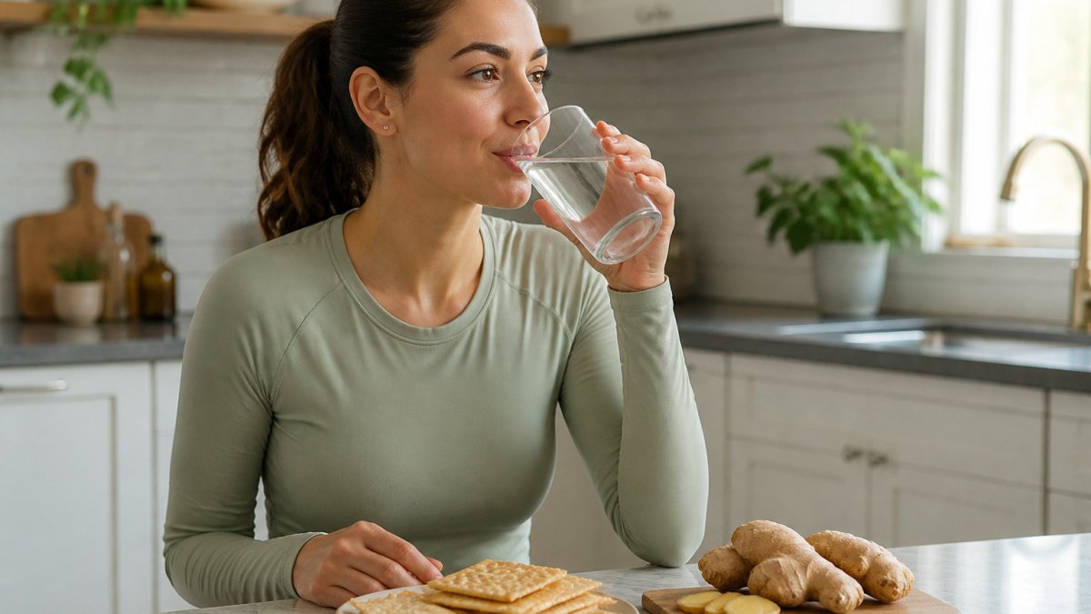 Woman drinking water with ginger and crackers to manage tirzepatide side effects women experience in a kitchen.