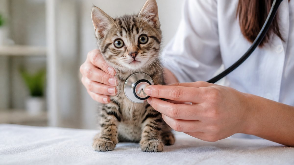 A young kitten being gently examined by caring hands, showing a healthy alert expression in soft natural indoor lighting
