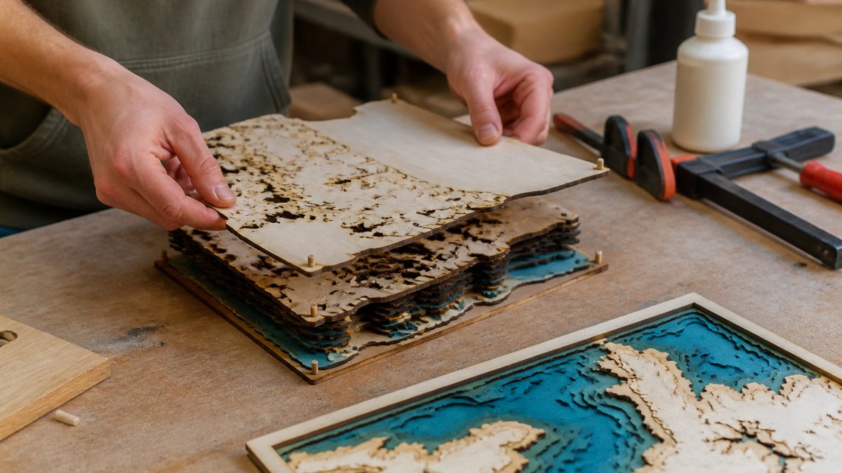 Maker aligning stacked pieces of a layered wood map on a workbench with glue and clamps nearby.