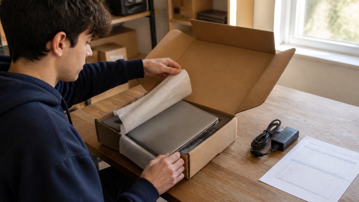 Student opening a refurbished laptop at a wooden desk with a charger and test report nearby