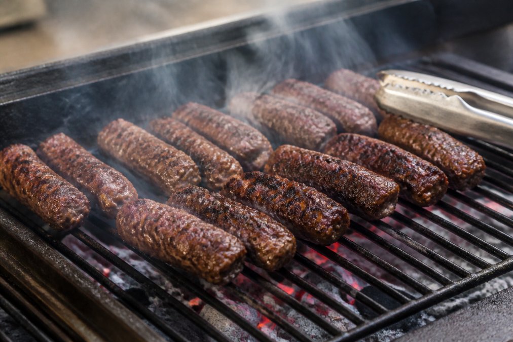 Close-up of freshly grilled mici on a charcoal grill with visible char marks, steam rising, and a pair of tongs nearby