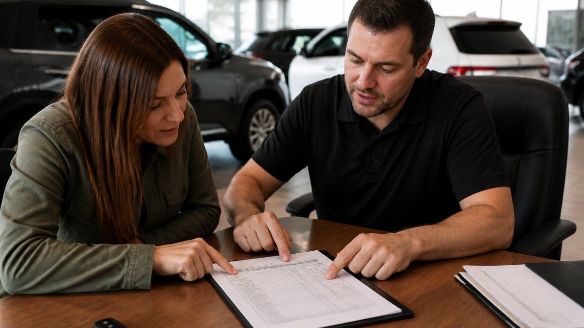 Salesperson and buyer reviewing a document to ensure transparent car pricing at a dealership desk
