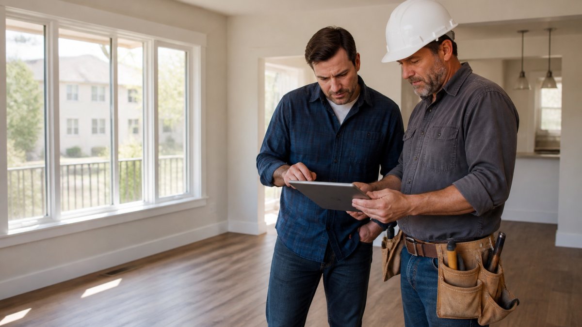 Contractor and owner reviewing value add investment plans in a renovated apartment unit