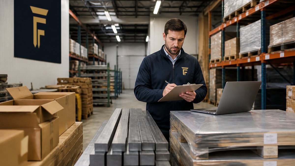 Business owner reviewing inventory stock in warehouse with clipboard and laptop, checking asset documentation and stock levels under fluorescent lighting