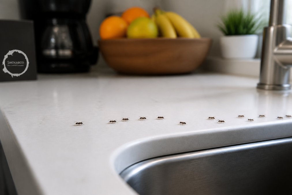 Close-up of a line of small black ants crawling across a clean white kitchen countertop near a sink, with a blurred kitchen background showing a coffee maker and fruit bowl