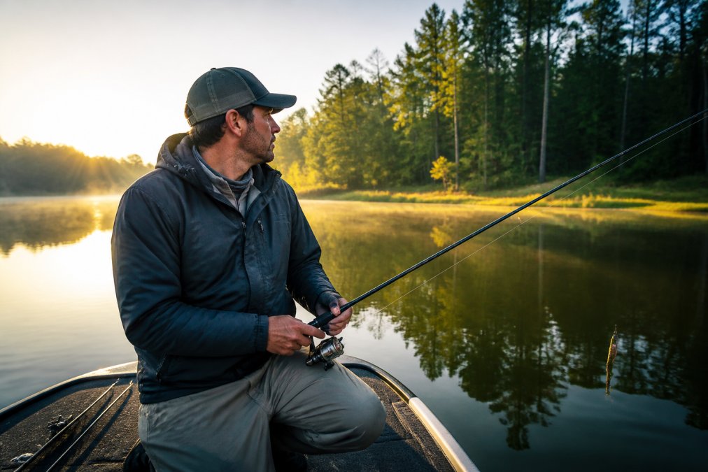 Angler holding a soft plastic lure at dawn on a clear lake that attracts bass