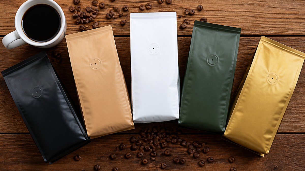 Overhead shot of five bags of single-origin coffee beans arranged on a wooden table alongside a white ceramic mug and scattered whole beans, natural lighting