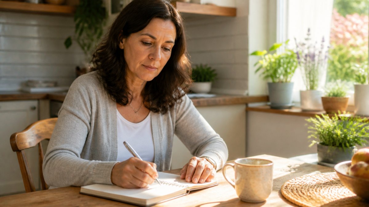 A middle-aged adult sitting at a kitchen table writing in a symptom tracking journal with a pen and a cup of tea nearby, morning light through the window