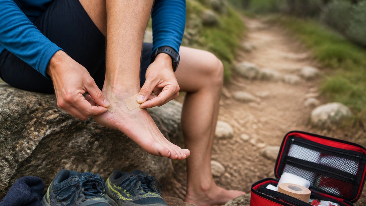 Trail runner sitting on a rock applying protective tape to their heel to prevent a blister